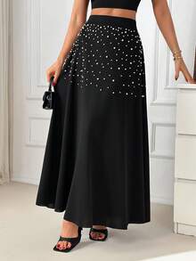 EURMUSE 女士优雅仿珍珠串珠荷叶边半身裙 - 黑色 - 查看 4