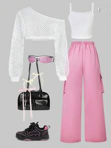 SHEIN ChillGRL 3pcs Casual Knit Camisole, Suspender & Wide Leg Pants Set, Comfortable & Fashionable For Teens, Suitable For Outdoor Sports, Leisure And Daily Wear, Oblique Shoulder Design - Multicolor - View 2