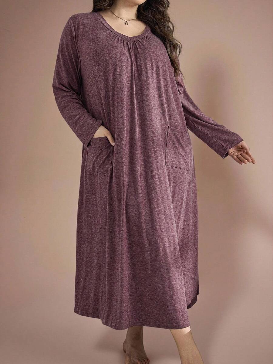 SHEIN Váy ngủ dài tay xếp ly cổ chữ V cỡ lớn, thiết kế túi, Moo Moo, trang phục ấm áp, mùa thu đông - Màu Hồng Tươi - Xem 1