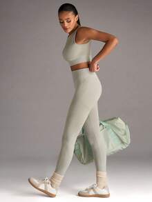 SHEIN BAE Bộ đồ tập yoga thể thao cổ tròn và quần legging có gân cho nữ - Màu Xám nhạt - Xem 4