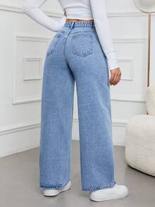 Jeanoix Jeans rectos de cintura alta lavados de manera casual - Lavado ligero - Ver 2