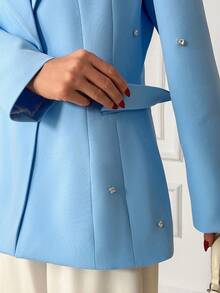 EURMUSE Blazer élégant pour femmes avec détails de strass au col châle - Bleu ciel - Voir 5
