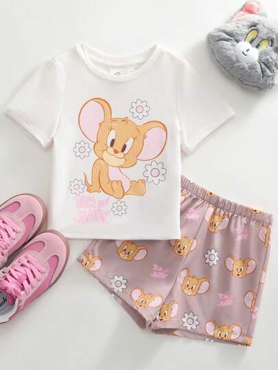 TOM & JERRY X SHEIN Baby Girl Casual Cartoon Mouse Print Short Sleeve T-Shirt And Shorts Set, Summer