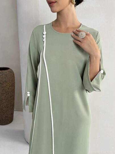 Al Najma Women's Round Neck Button Decor Color Block Open Cuff Casual Loose Party & Travel Long Sleeve Arabic Dress
