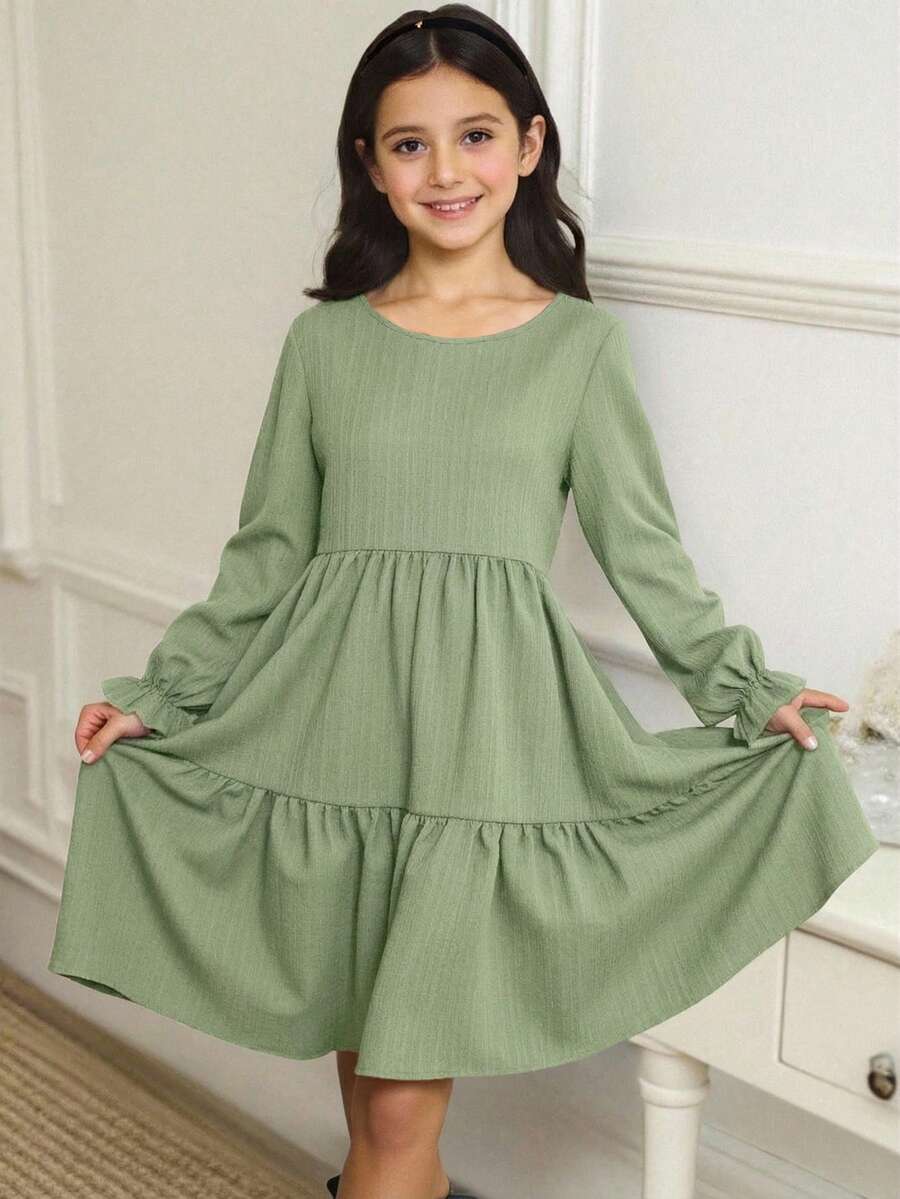 SHEIN Tween Girl Solid Color Round Neck Long Sleeve Pleated Mini Casual Dress,Kids - Mint Green - View 1