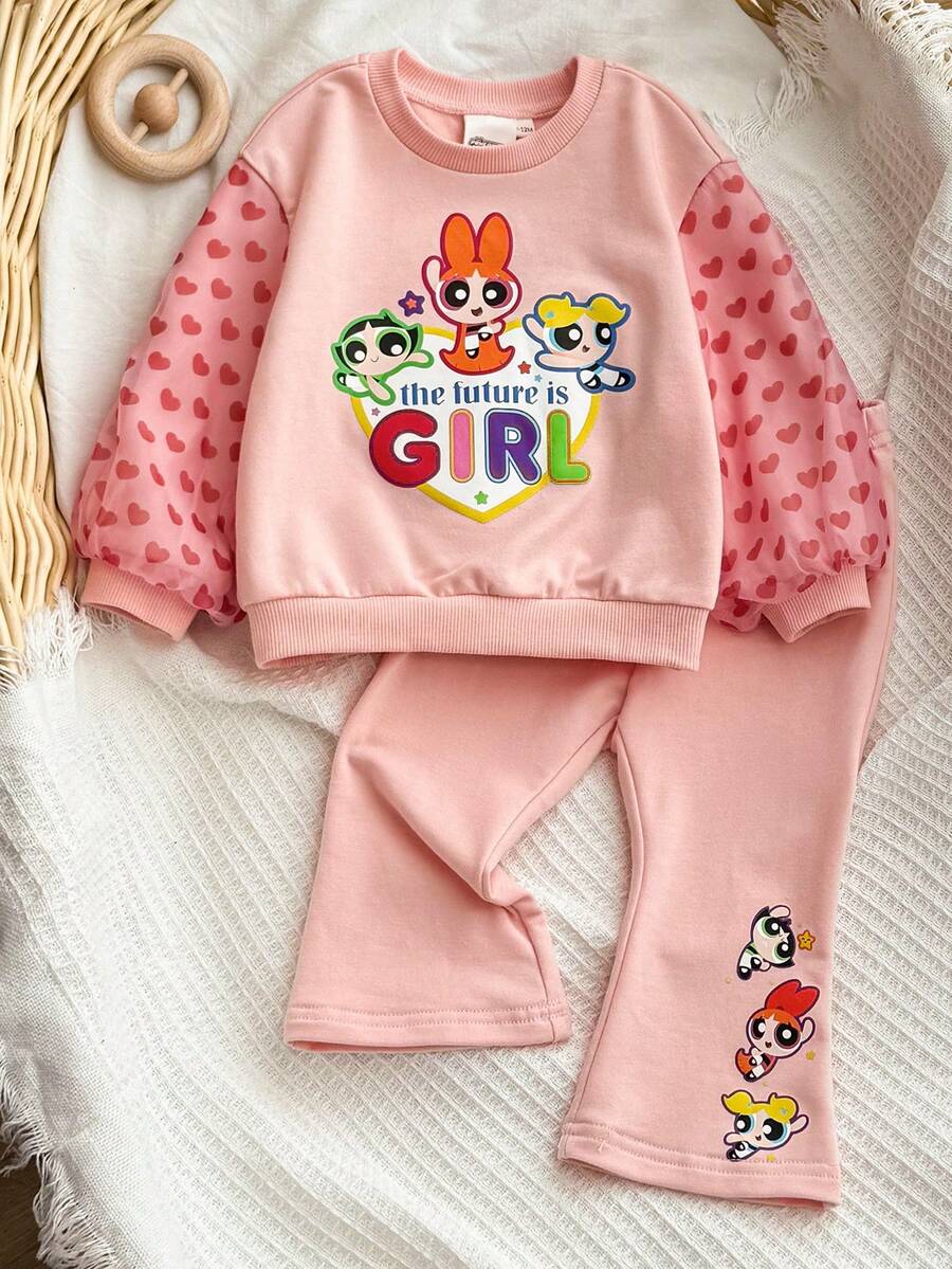 THE POWERPUFF GIRLS X SHEIN 女婴休闲日常通勤可爱卡通爱心标语印花宽松圆领卫衣和喇叭裤套装，春秋季