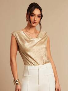 Silquee Elegant Champagne Gold Summer Sleeveless Bodysuit,Loose Asymmetrical Textured Top For Night Out,Parties,Work & Commute,Sophisticated Versatile Jacket - Gold - View 4