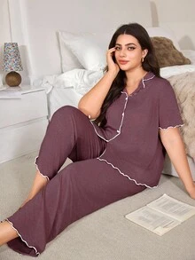 Lazeform 休闲宽松荷叶边柔软休闲短袖上衣和裤子睡衣套装，轻盈夏季针织面料，加大码，服装 - 紫紅色 - 查看 7
