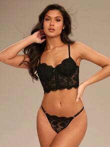 Enchnt Elegant Black Lace Three-Piece Lingerie Set With Sheer Floral Details Lace Bra Set Black Lace Lingerie Set Floral Lace Lingerie Set - Black - View 3