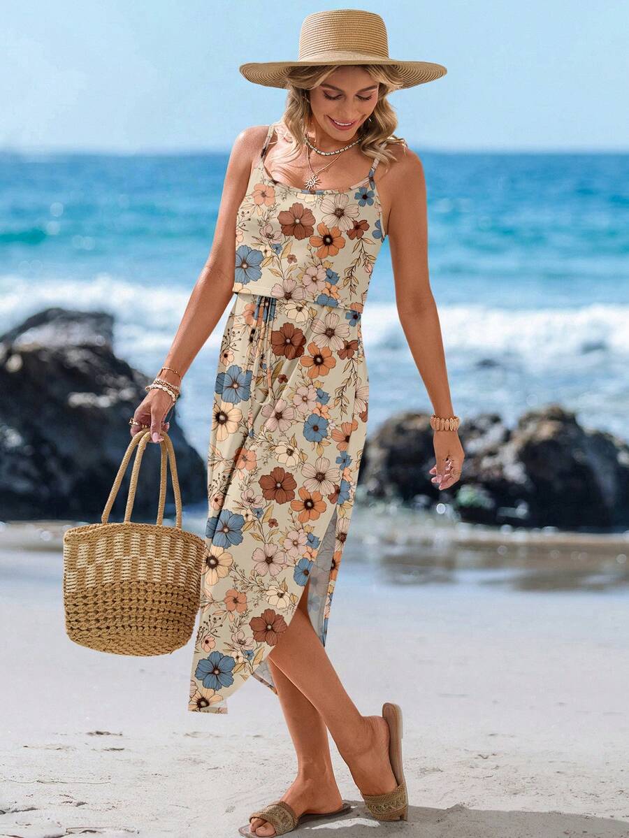 Sylviya 女士休闲花卉印花系带腰高开叉吊带中长连衣裙，适合夏季