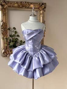 Lovelzi 奢华优雅高贵的白色缎面亮面无肩带收腰双层蛋糕裙，适合单身派对、婚礼、毕业典礼、度假、正式舞会等场合。 - 紫羅蘭色 - 查看 3