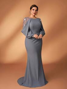 Serin Plus Size Rose Gold Spring Elegant Evening Mermaid Dress,Gray Sequin Embroidered Patchwork Elastic Knit Asymmetric Ruffle Sleeve Fitted Party Gown - Grey - View 7