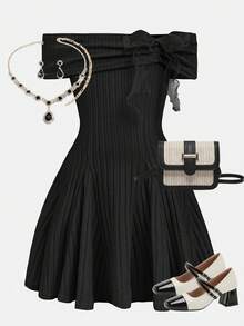 Girlism 少女露肩蝴蝶结长袖T恤裙，返校穿搭，可爱校园上衣，黑色上衣，秋季上衣，情人节学院风上衣，夏季穿搭，派对和节日休闲连衣裙，春夏款 - 黑色 - 查看 1