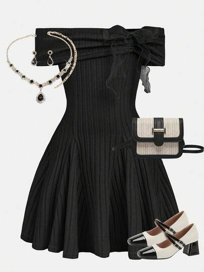 Girlism Tween Girls Off-Shoulder Bowknot Long Sleeve T-Shirt Dresses, Back-To-School Outfit, Cute Tops For School, Black Top, Fall Tops, Preppy Tops For Valentine's Day, Summer Outfits, Casual Dress For Parties And Holidays, Spring/Summer Dress Black Black Outfits Black Outfits For Girls Goth Girl Dress Funeral Outfit For Tween Girls Black Dress