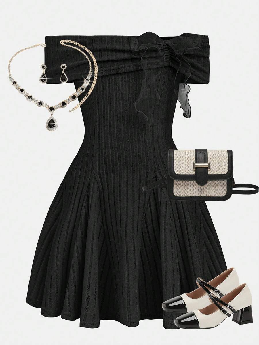 Girlism 少女露肩蝴蝶结长袖T恤裙，返校穿搭，可爱校园上衣，黑色上衣，秋季上衣，情人节学院风上衣，夏季穿搭，派对和节日休闲连衣裙，春夏款 - 黑色 - 查看 1