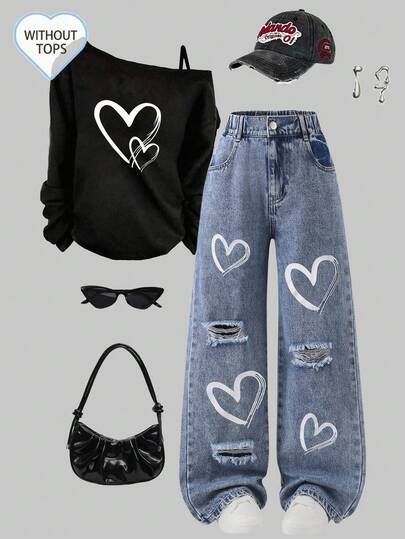 SHEIN ChillGRL 少女Y2K风格牛仔裤，季节限定，浅蓝色牛仔布，做旧爱心印花直筒宽松版型，面料柔软舒适，日常时尚单品