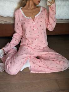 Dream Adore 浪漫碎花蕾丝边方领编织长袖长裤睡衣套装（女士款） - 珊瑚粉 - 查看 5