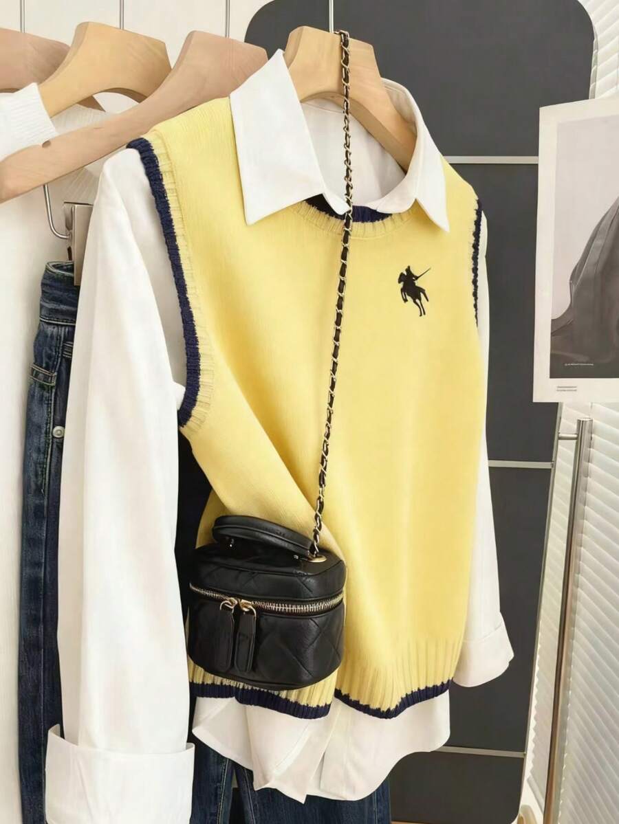 Resyla 女士常规宽松圆领骑士图案休闲针织背心 - 黃色 - 查看 1