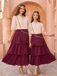 2pcs/Set Teenage Girls' Blouse + Skirt Set, Featuring Middle Eastern Color Palette And Modest Tailoring, Suitable For Ceremonies And School Events - Multicolor - View 1