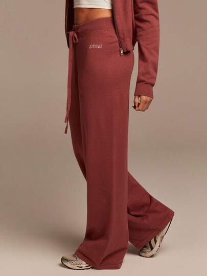 Athîral Pantalones casuales rectos y sueltos de punto con cordón en la cintura y bordado de letras para mujer
