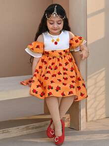 Young Girl Casual Minimalist Comfortable Round Neck Color Block Ruffle Hem Dress - Multicolor - View 4