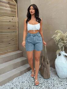 EURMUSE WOMEN HIGH WAIST MINI SHORT GRAY WASH - Baby Blue - View 3