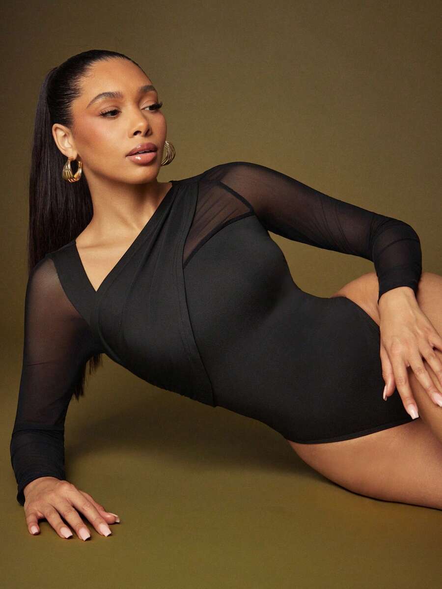 Vixey Women's Mesh Patchwork Long Sleeve Casual Bodysuit - Black - View 1