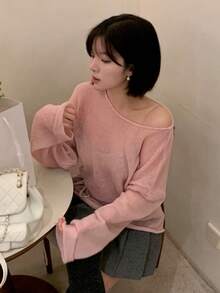 DAZY Loose Fit Crew Neck Soft & Cozy Knit Sweater With Cinched Waist For Women - Pink - View 1