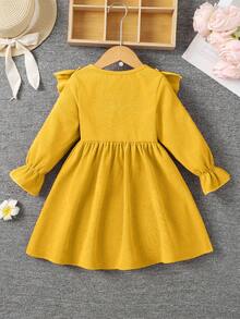 女童花卉刺绣荷叶边荷叶袖纽扣前开襟系带连衣裙，深绿色连衣裙 - 黃色 - 查看 2