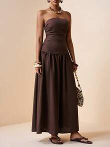 Zivah 女士纯色褶皱优雅收腰长款派对连衣裙 - 咖啡棕 - 查看 5