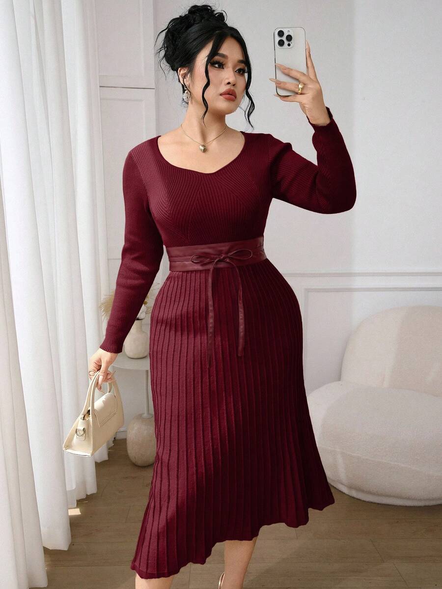 Modelyn Plus Size Elegant Commuter Solid Color Tie Waist Knit Dress - Burgundy - View 1