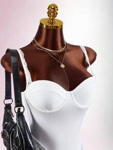 Amplova 2026 New Sexy Contrast Lace Satin Low-Cut Bodysuit For Women - White - View 6