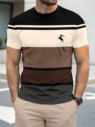 Manfinity Homme Maillard Color Block Striped Deer Silhouette Logo Casual Print Men's Regular Fit Short Sleeve T-Shirt, Essential For Dates And Gatherings, Suitable As Gift For Boyfriend