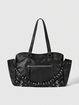 Grunge Punk Rivet Double-Layer Bead Chain Motorcycle Shoulder Bag