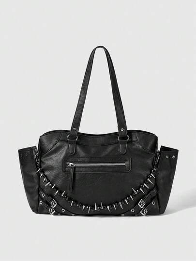 Grunge Punk Bolso de hombro de motocicleta con cadena de cuentas de doble capa y remaches