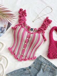 Soleia 女士浪漫休闲度假条纹荷叶边无袖针织上衣 - 粉色 - 查看 7