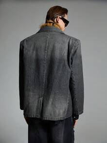 NEON BLANC Men Street Style Striped Double-Breasted Denim Long Sleeve Blazer, For Fall Winter