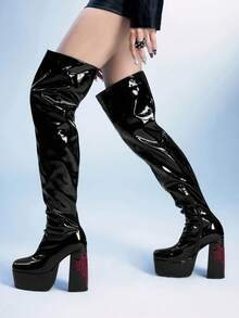 Sugerpunk Giày bốt cao gót đế vuông mũi vuông dày chống thấm nước cho nữ, thêu hình mạng nhện, chất liệu PU đen mịn, thời trang thoải mái khi đi tiệc và hộp đêm, kiểu dáng xỏ ngón - màu đen - Xem 7