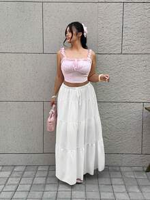 GalTyme Plus Size Loose Fit White Layered Cake Knee-Length Summer Skirt - White - View 4