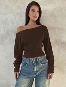 Aloruh 杏色针织不对称肩部长袖上衣，女士秋冬款 - 咖啡棕 - 查看 8