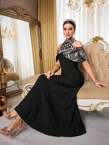 Al Najma Đầm nữ trễ vai thanh lịch kiểu vintage phối màu - màu đen - Xem 6
