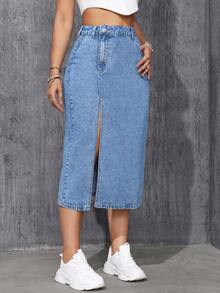 SHEIN EZwear 女士不对称设计高开衩口袋牛仔裙 - 淺色水洗藍 - 查看 3