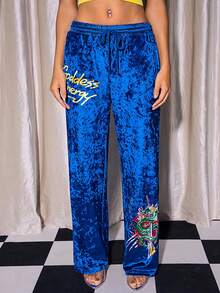 Y2Kool Maria Clara Maia 女士蓝色字母龙印花新款中国风抽绳腰休闲裤，适合春季Y2K风格嘉年华服装 - 藍色 - 查看 8