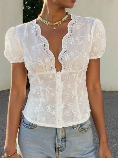 Cévolie Plus Size White Hollow Embroidery V-Neck Puff Sleeve Blouse