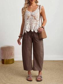 SHEIN CURVE+ 大码女式口袋休闲宽松修身锥形牛仔裤 - 咖啡棕 - 查看 3