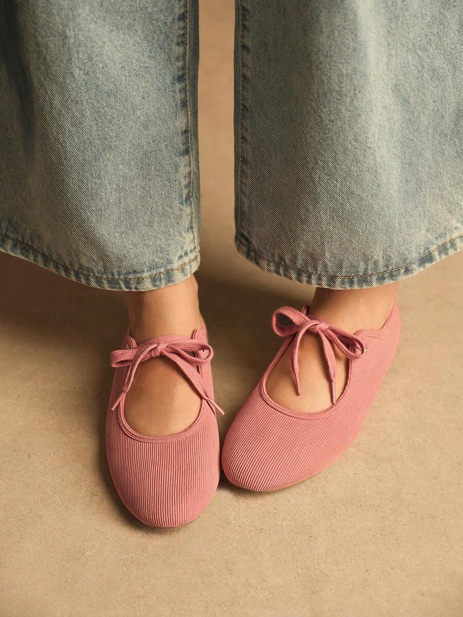 Rosivie 女士休闲百搭系带平底鞋 - 粉色 - 查看 1
