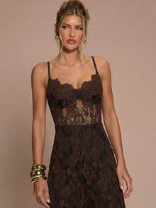 SHEIN BAE 女士蕾丝拼接性感时尚度假派对连体裤 - 咖啡棕 - 查看 5