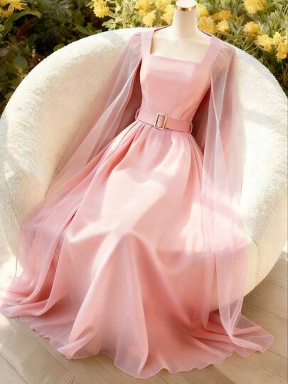 Franclia 女士方领罩衫，配金属扣腰带，A字收腰连衣裙，适合晚宴和正式场合