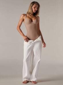 SHEIN BAE Women's Solid Color Bodysuit, Tight Fit And Shaping - Apricot - View 8