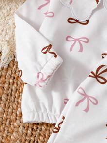 两件套女婴可爱蝴蝶结印花长袖套装，荷叶边领，宽松版型，居家及户外舒适休闲装 - 淡紫色 - 查看 3